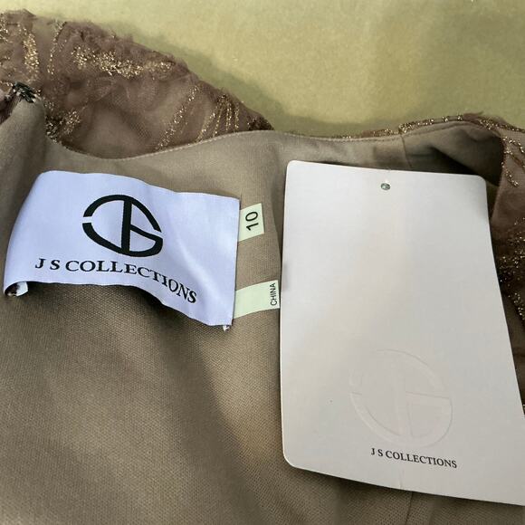 JS Collections Glitter Lace Tulle Midi Sheath Cocktail Dress Mink Brown Size 10 - Picture 10 of 13